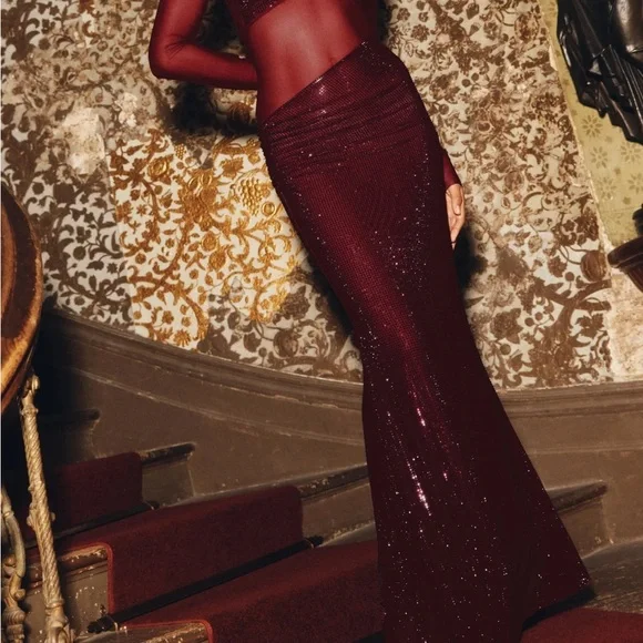 Meshki Burgundy One-Shoulder Sequin Gown - Picture 2 of 8